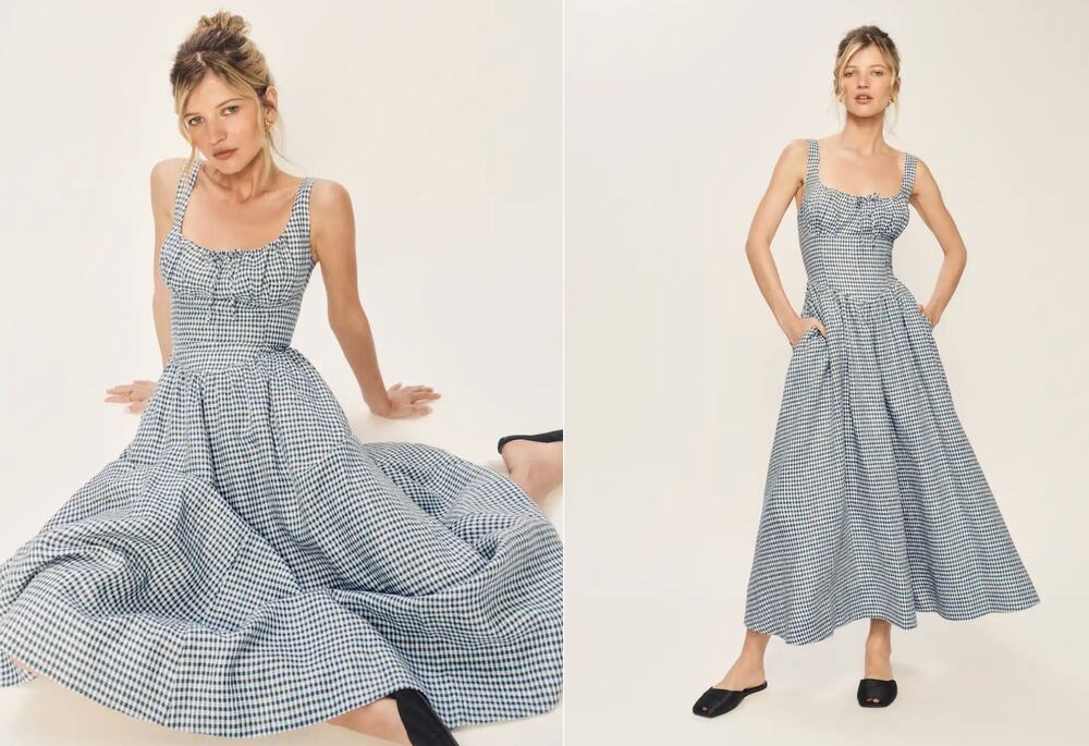 Reformation Belia Blue White Gingham Linen Sundress Sleeveless Cottage Size 10